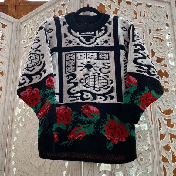 Funky 1980s vintage floral knit sweater with a colorful eclectic pattern-Medium - Picture 7 of 12